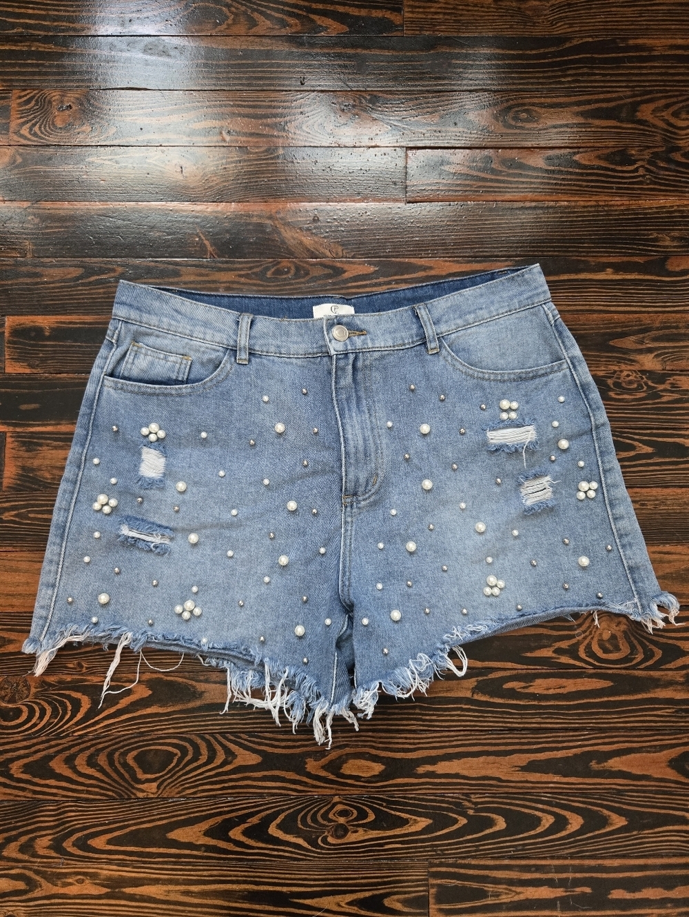 P. Cill Pearl & Bead Embellished Distressed Denim Shorts High Rise Cutoff XL